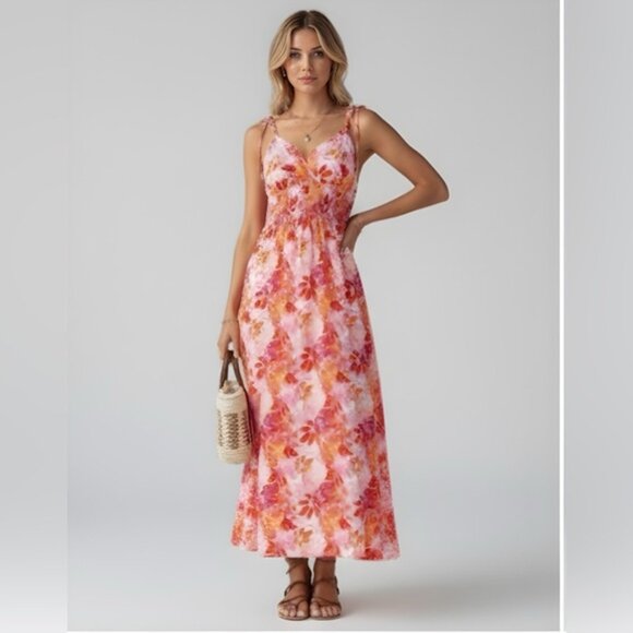 Boho Floral Print Knot Shoulder Shirred Cami Dress - Picture 1 of 7